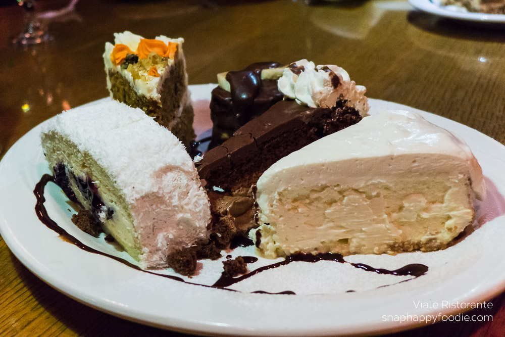 A plate of sweetness! From L to R: Blueberry roll-up, carrot cake, banana mousse, chocolate mousse and NY-style cheesecake