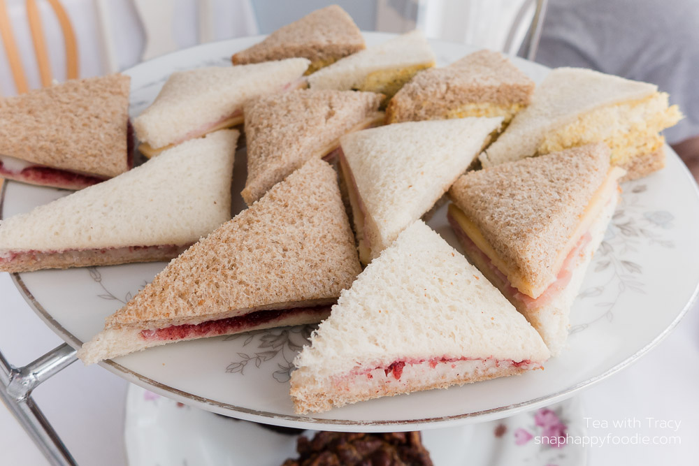 Tea Sandwiches: Cranberry and Brie, Baked Ham and Gouda, and Chicken Curry Salad