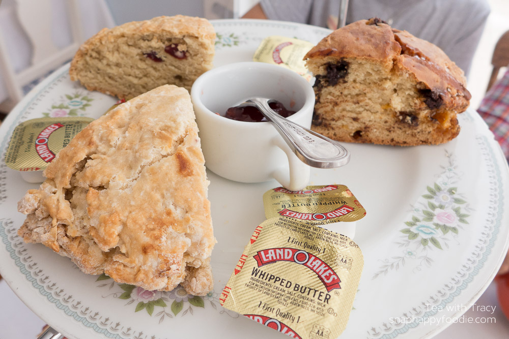 Scones: Chocolate Chip Butterscotch, Cranberry Orange, plus a savory Garlic